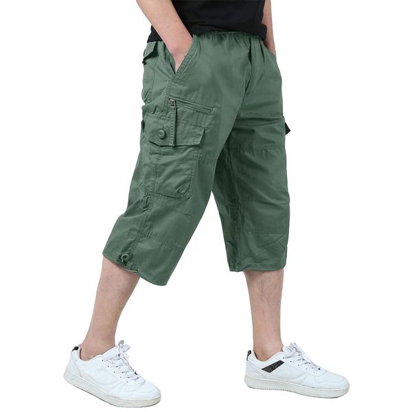 KEFITEVD Dreiviertel Hosen Herren Cargo Shorts Sommer Outdoor Hose Baumwolle Viele Taschen Army Hose mit Stretchbund Hellgrün 34