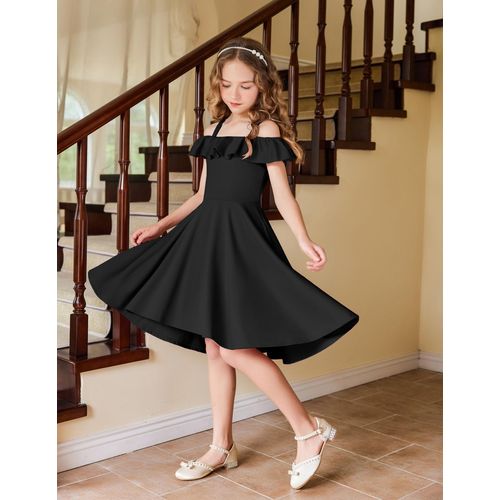 Arshiner Girls Summer Black Formal Dress with Pockets 4-12 Years,Black,10-11 Years