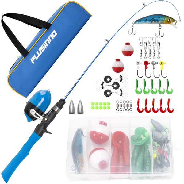 PLUSINNO Kids Fishing Pole with Travel Bag, Telescopic Fishing Rod and Reel Combos with Spincast Fishing Reel Full Kits for Kids,Boys,Youth Fishing (Blue Handle with Spincast Reel, 115CM 45.27IN)