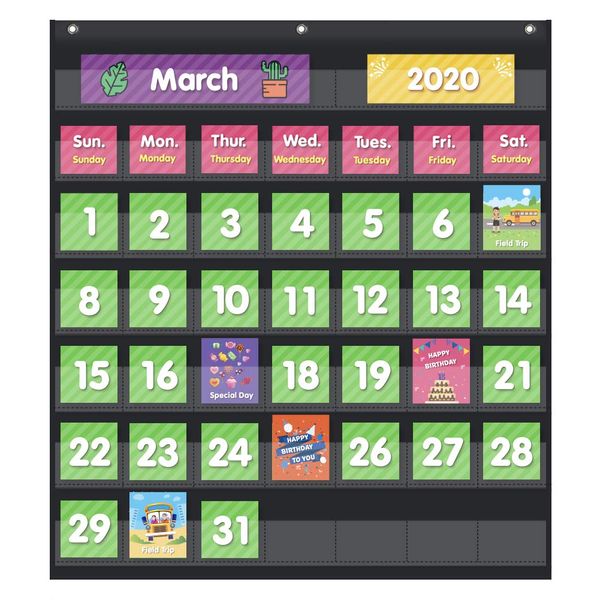 EAMAY Classroom Monthly Calendar Pocket Chart with 71 Cards for Kids Learning for Home,Homeschool Supplies and Classroom Must Haves!(Black)