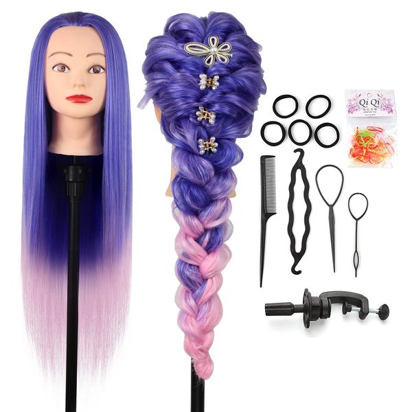 Auzass Hairdressing Head, Soft 26-28Inch Training Head 100% Synthetic Fiber Hair Mannequin Head Hairstyling Dolls Head with Table Clamp+Braid Set, Present for Girls