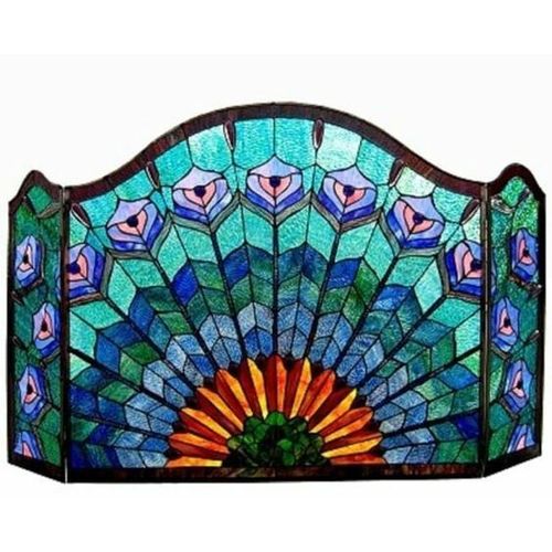 RADIANCE goods Peacock 3pcs Folding Stained Glass Fireplace Screen 48" Wide