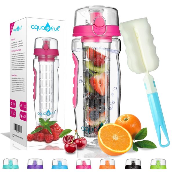 AquaFrut 32 OZ Fruit Infuser Water Bottle BPA-Free Fruit Infusion Sports Bottle - Flip Top Lid w Drinking Spout, Leak Proof, Made of Durable Tritan. Free Recipe eBook! (Pink)