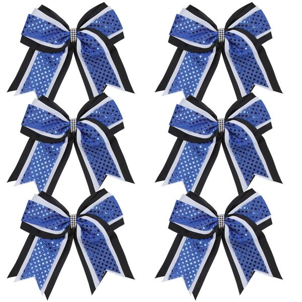 Cheerleader Bows 8 Inch 3 Layers 6 Pcs Ponytail Holder Jumbo Cheerleading Bows Hair Elastic Hair Tie for High School College (Black/White/Royal Blue)