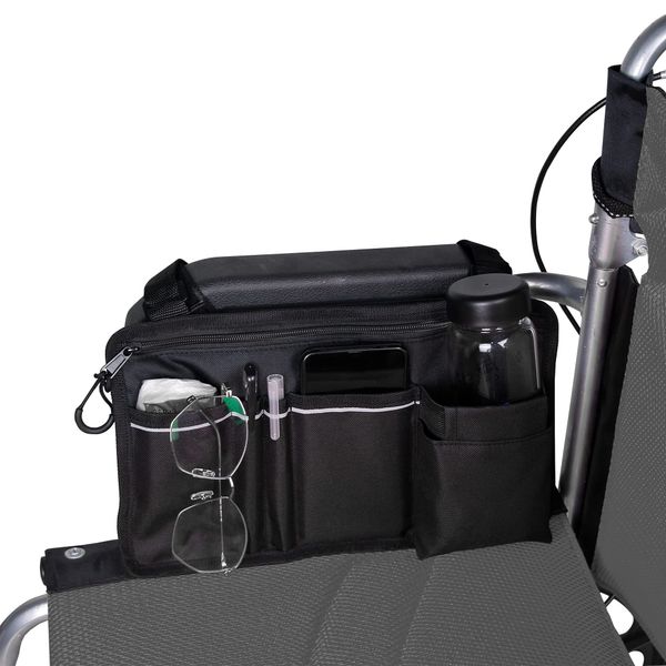 Wheelchair Side Bag,Double-Sided Armrest Pouch with Cup Hold and Reflective Strip, for Most Wheelchairs, Walkers or Rollators