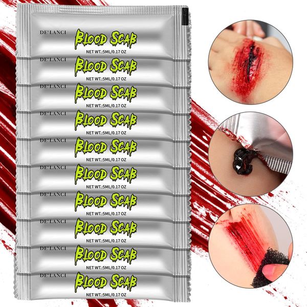 Halloween Kunstblut Gel,DE'LANCI 10 Pcs Kunstblut für Haut Auswaschbar,Halloween Tragbares Geronnenes Blutgel SFX Make-up,Halloween Schminke Vampir,Monster,Halloween Schminke für Allergiker