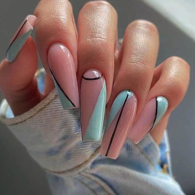 Neckon Long Fake Nails French Long Swirl False Nails Nude and Blue Glossy Acrylic Press on Nails Geometric Full Cover Nails for Women and Girls (24pcs)