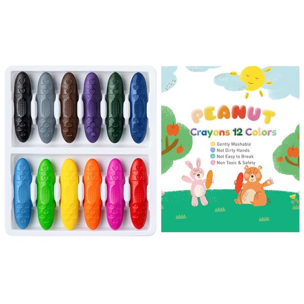 POSUCESS Peanut Crayons for Kids, 12 Colors Washable Toddler Crayons, Non-Toxic Baby Crayons for ages 2-4, 1-3, 4-8, Gift for Boys & Girls Back to School