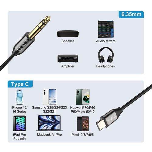 J&D USB C to 6.35mm 1/4 inch TRS Male Audio Cable Adapter Aux Jack Stereo Cable Compatible with iPhone 15/16 Series, Galaxy S24/S23/S22, AMP, Speaker, Mixer, 6.6 Feet