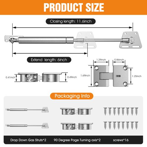Drop Down Gas Struts,Gas Spring Hinge,for Cabinet and Desk Downward Flap Slowly Down,with 90 Degree Page Turning axis,Only Open Down The Door (2, Silver)