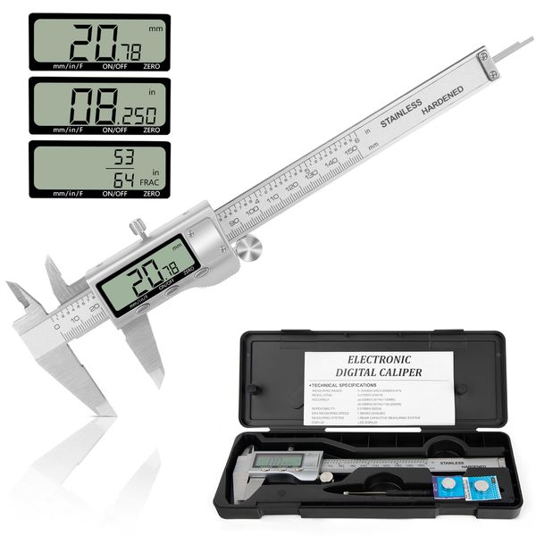 Digital Caliper Electronic Caliper 150mm with Extraordinary LCD Screen Stainless Steel Vernier Caliper with mm/Inch/Fraction Conversion