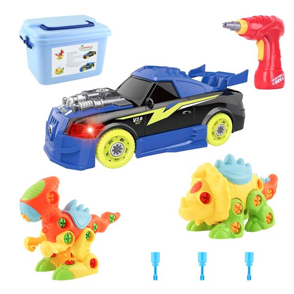 MEIGO Take Apart Toys - STEM Learning Dinosaurs Racing Car Playset w/Electric Drill Construction Engineering Building Tool Set Gift for Kids 3 4 5 6 Year Old Boys Girls