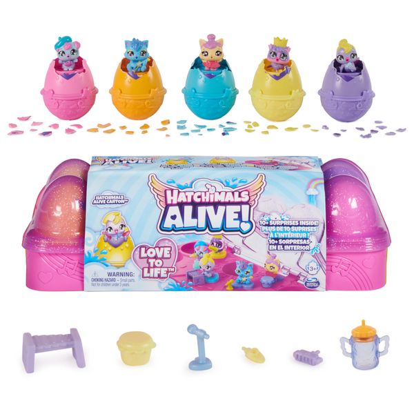 HATCHIMALS Alive, Egg Carton Toy with 5 Mini Figures in Self-Hatching Eggs, 11 Accessories, Kids’ Toys for Girls and Boys Aged 3 and up