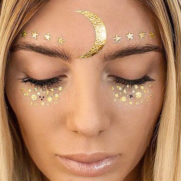 Face Tattoo Sticker Metallic Shiny Temporary Water Transfer Tattoo for Professional Make Up Dancer Costume Parties, Shows Gold Glitter