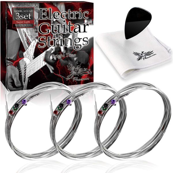 Phoenix Electric Guitar String 3 Set, Nickel, Balanced Sound, Tension, Anti-Break, Pole End Color-Coding, Cleaning Cloth & Pick Included (Super Light)