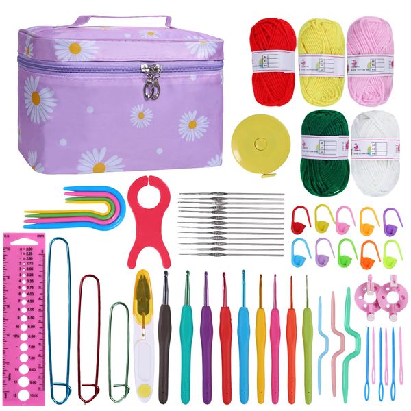 HCSSZ Crochet Kits for Beginners Adults Kids,59pcs with 0.6mm-6mm Ergonomic Metal Crochet Hooks,Wool Yarn Needles Knitting Accessories and Storage Bag,Crochet Starter Set (Purple)