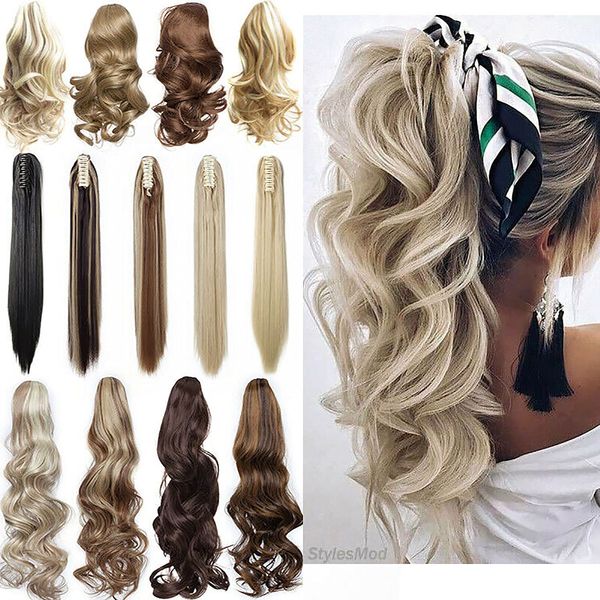 Long Short Claw Ponytail Hair Extension One Piece Cute Clip in on Ponytail Jaw/Claw Synthetic Straight Curly Hairpieces 12" Curly Ash Blonde mix Bleach Blonde