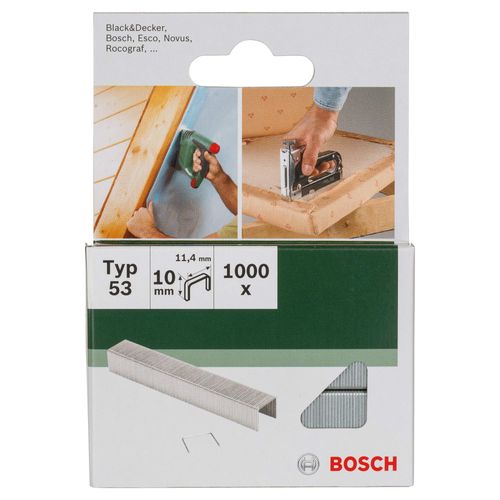 Bosch 1000x Fine Wire Staples Type 53 (Textiles, Carpet, Acoustic panels, Lawn carpet, 11.4 x 0.74 x 10 mm, Accessories Tacker, Staple Gun)