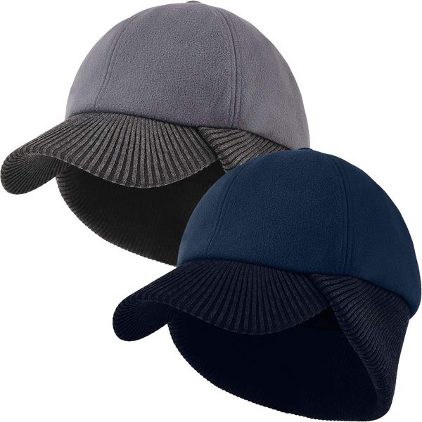 2 Stück Winter Baseball Cap mit Ohrenklappen Herren Damen Unisex Warme Wolle Kappe Full Cap Ohrenschutz Wollcap Outdoor Visor Sport Mütze Ski Baseballkappe (Dunkelgrau und Navy blau,2 Stück)