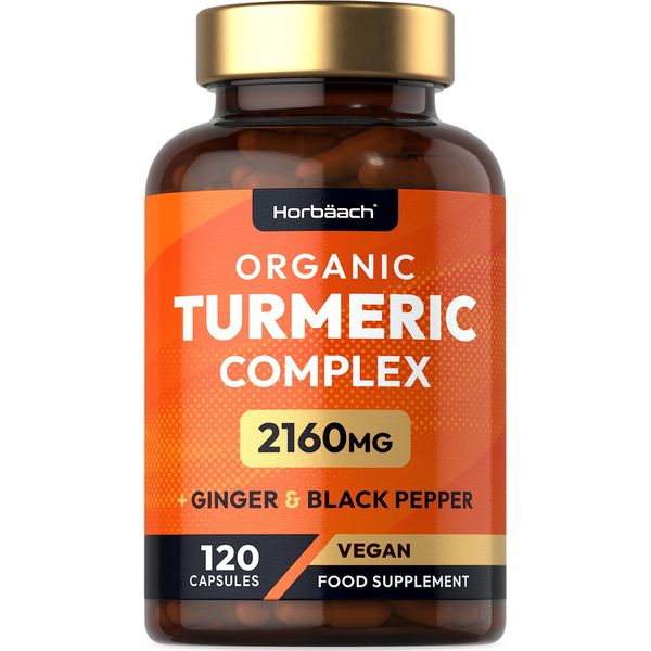 Organic Turmeric and Black Pepper Capsules | 2160mg | High Strength Curcumin with Ginger | 120 Vegan Capsules | Horbaach