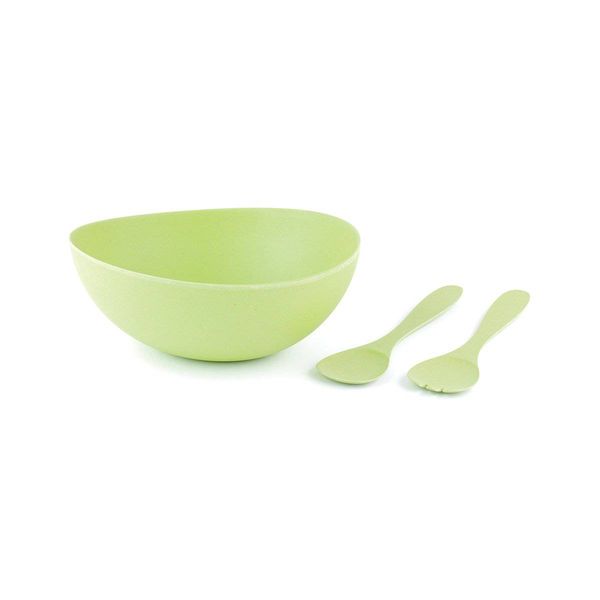 Cobblestone Bamboo Fibre Salad / Fruit Bowl (10.5") w/ 2 Toss & Serve Utensils Green