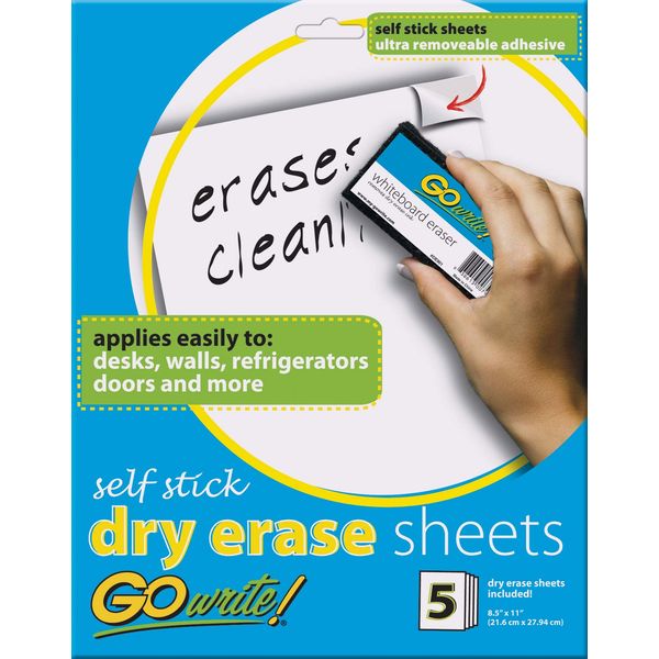 GoWrite! Dry Erase Sheets, Self-Adhesive, 8-1/2" x 11", White, 5 Sheets