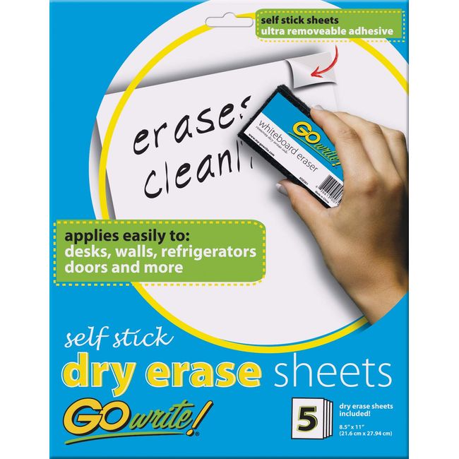 GoWrite! Dry Erase Sheets, Self-Adhesive, 8-1/2" x 11", White, 5 Sheets