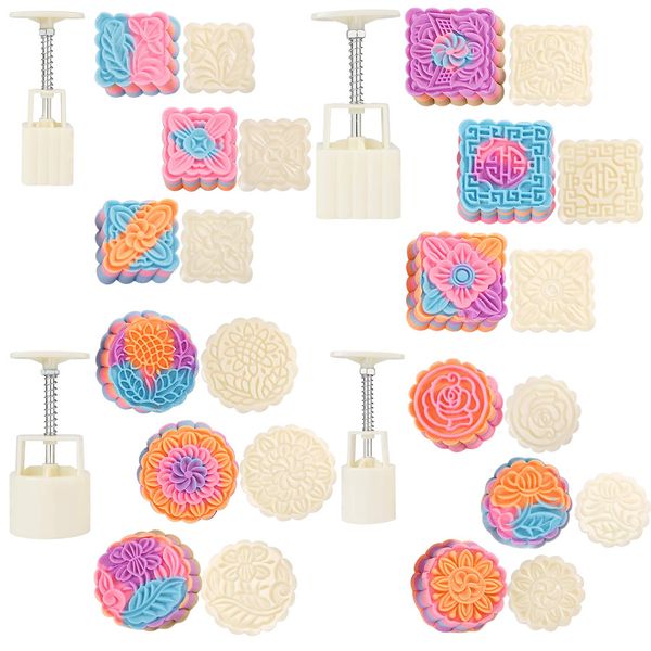 Pinkgarden Cookie Stamps Cookie Presses Mooncake Mould, DIY Decoration Hand Press Cutter for Moon Festival Party Home Hotel (4 Sets, Each 3 Pattern Stamps)