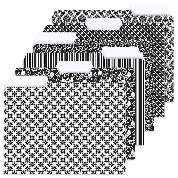 24 Elegant Black File Folder Value Pack - Set of 24 (6 Designs) 1/3 Cut Staggered Tabs, Letter-Size Designed Folders