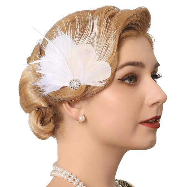 GENBREE White Feather Hair Clip 1920s Flapper Headpiece Crystal Gatsby Headband Prom Party Head Accessories for Women