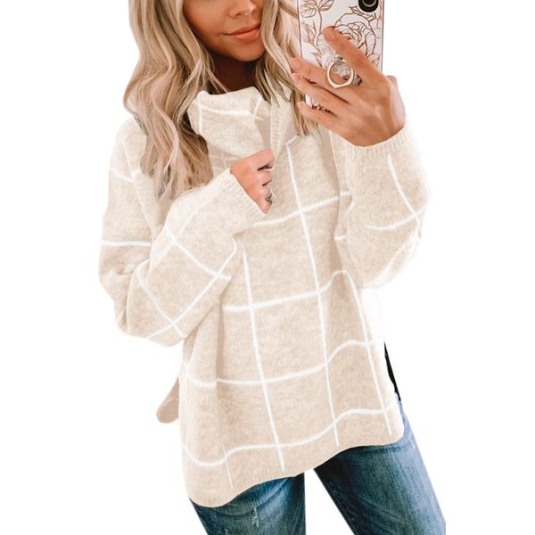 ASOMI Women's Knitted Jumper, Striped Chequered: Elegant Turtleneck Pullover, Winter Jumper, Warm Autumn Knitted Jumper, Casual Crew Neck, Colour Block Jumper, Long Sleeve, Fashion Transition Jumper,