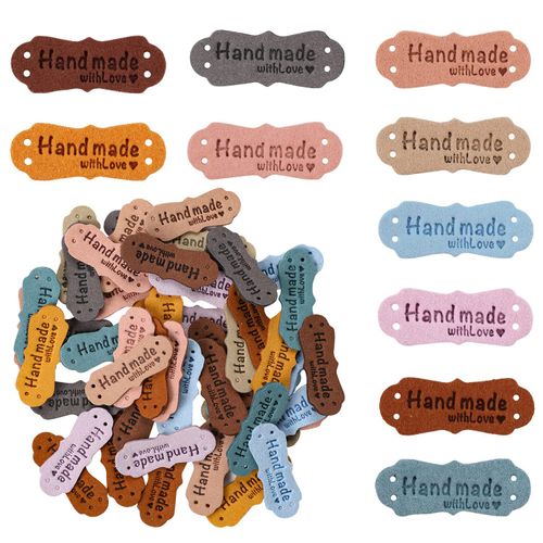 50pcs Handmade Leather Labels, Leather Tags for Handmade Items Microfiber Colorful Embossed Leather Tags Handmade with Love, Handmade Labels with Holes for Jeans Bags Shoes Hat, 10 Colors 15x42mm
