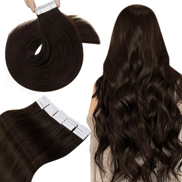 Hetto Tape Extensions Echthaar Braun Invisible Tape Extensions Remy Tape Extensions Echthaar Glatt Dunkelstes Braun #2 45cm 50g