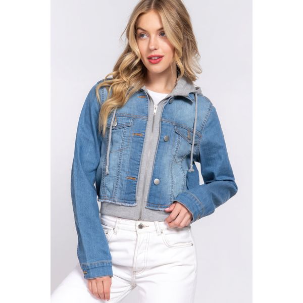 Long Slv Terry Hoodie Denim Jacket - S