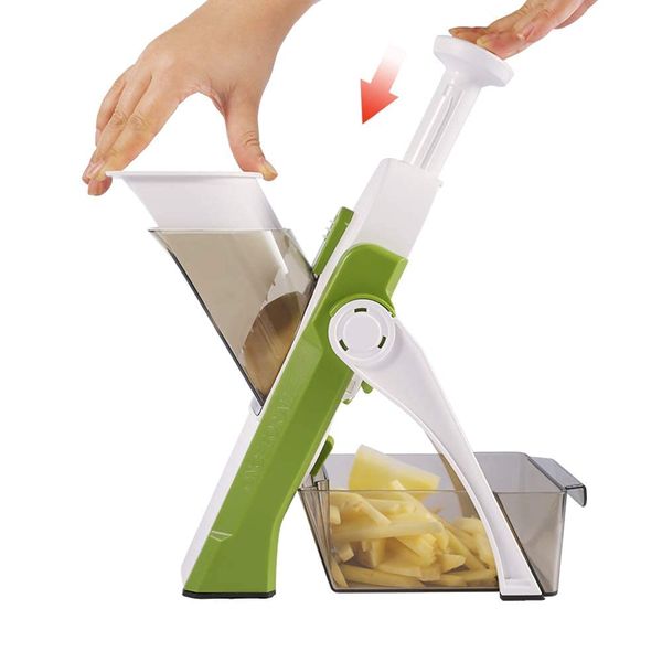 ONCE FOR ALL Safe Mandoline Slicer, Multi Vegetable Chopper, Potato Slicer for Kitchen, 4 Modes 100+ Presets Adjustable Thickness, French Fry Cutter (5 in 1 Green)