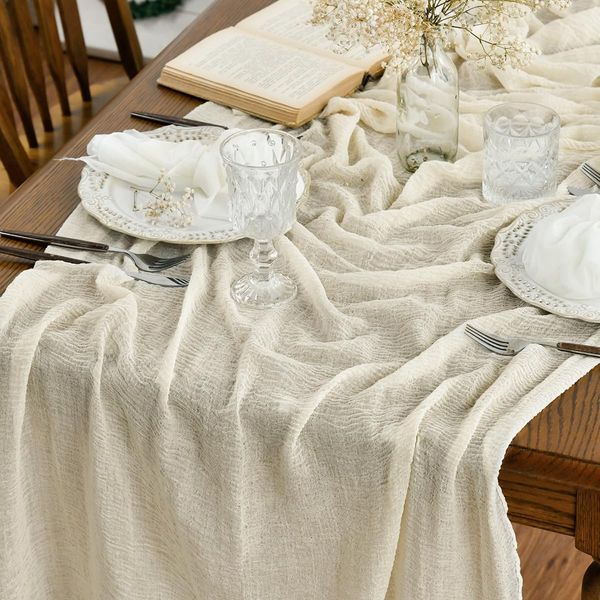 Artoid Mode Boho Beige Gauze Wedding Cheesecloth Table Runner, Seasonal Fabric Kitchen Dining Holiday Table Decor for Home Party Indoor 90x300 cm