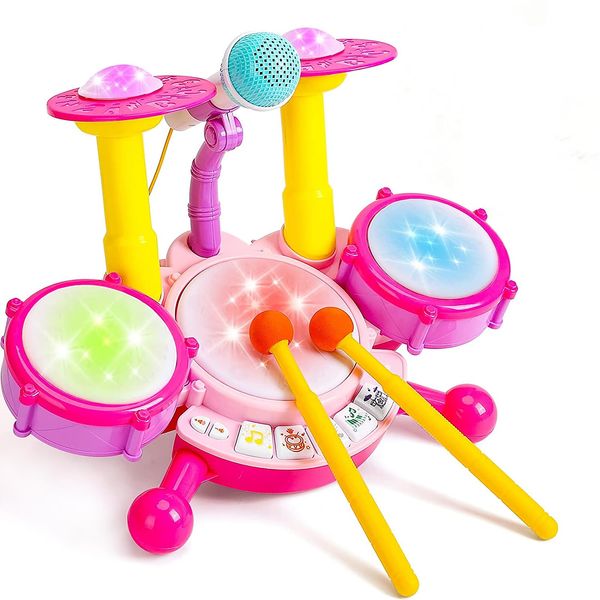 Drum Set for Kids with 2 Drum Sticks and Microphone, Musical Toys Gift for Toddlers…