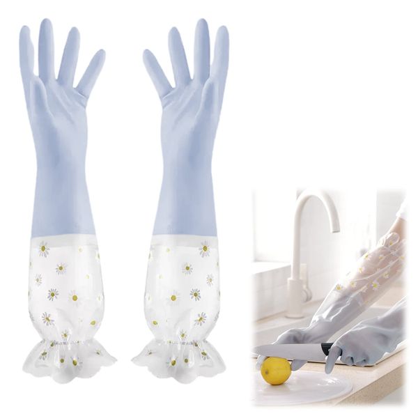 Doyime Rubber Gloves, Waterproof Gloves, Long, Non-slip, Rubber Gloves for Housework, Fleece-Lined, Thick, Work Gloves, For Cleaning, Kitchen, Washing, Dishwashing, Gardening, Cooking