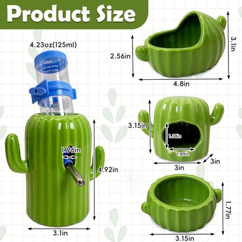 PINVNBY Cactus Ceramic Dwarf Hamster Hideout, Hamster Water Bottle, Sand Bath, Food Bowl & 125ML Water Bottle Holder for Dwarf Hamster Cage Accessories