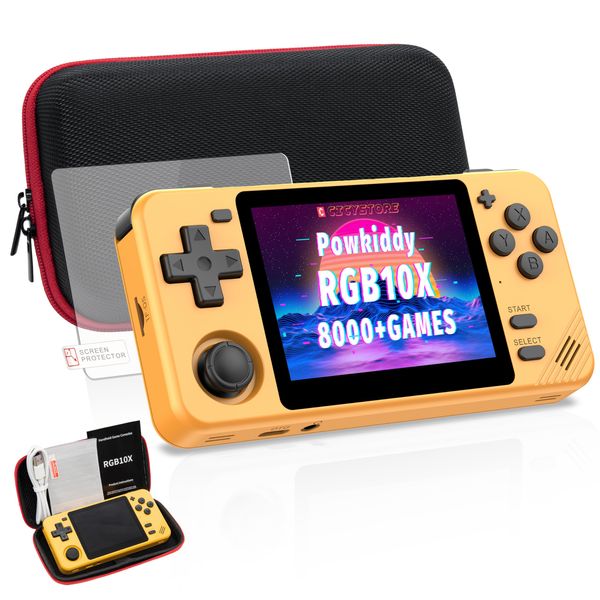 Powkiddy RGB10X Handheld Game Console – 8000+ Games, 3.5" IPS Screen, 2800mAh Long Battery Life, 64-Bit System(Yellow)