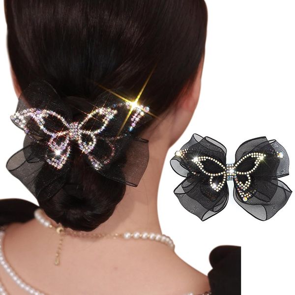 Jeairts Butterfly Bow Hair Clips Black Sparkly Rhinestone Bow-knot Barrette Fashion Mesh Hair Bow Accessories for Women