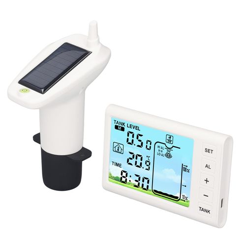 Ultrasonic Water Level Sensor, Digital Display Receiver Transmitter with High Low Water Level Alarm for Household Use, up to 100m, Temperature Change Monitoring