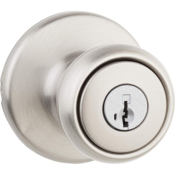 Kwikset Tylo Entry Door Knob with Lock and Key, Secure Keyed Handle Exterior, Front Entrance and Bedroom, Satin Nickel, Pick Resistant SmartKey Rekey Security and Microban