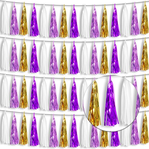 4P Purple-Gold Foil Fringe Tassel Banner Garland Metallic Tinsel Streamers Wall Hanging Curtain Backdrop Banners for Parade Floats, 2024 Graduation Decorations, Wedding Party Decoration