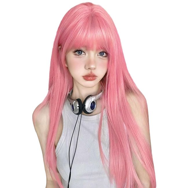 FORCUTEU Wig, Pink, Long, Straight, Full Wig, Cross-Dressing Wig, Cosplay, Wig, Women's, Small Face, Popular, Heat Resistant, Harajuku Style, Net/Comb Included