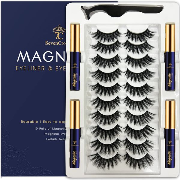 7C SevenCrown Magnetic Eyelashes with Eyeliner, Cat-Eye Magnetic Lashes Kit with Applicator,Most Natural Looking,Reusable Fake Eye Lash, Strongest Waterproof Liquid Liner,Cruelty-Free. 10 Pairs