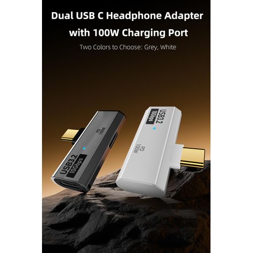 AreMe Dual USB C Headphone Adapter with 100W Charging Port, 2-in-1 USB Type C Splitter Dongle for Rog Ally, Steam Deck, Quest 2, iPhone 15 Series, iPad, MacBook and More Type C Device (White)