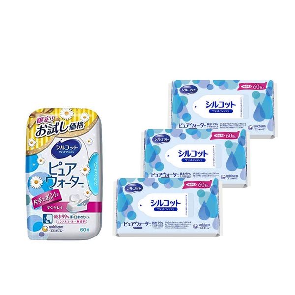 Silcot Wet Wipes, Pure Water, 60 Sheets + 60 Refills x 3 Packs