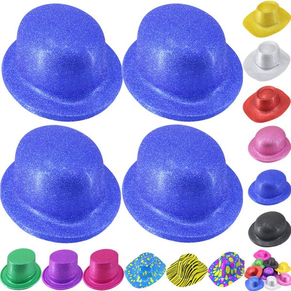 Time to Sparkle 24pcs Glitter Bowler Hat Unisex Gangster Style Plastic Party Hats for Kids Teens and Adult Fancy Dress Party Headwear Accessory (Glitter Bowler-Blue)