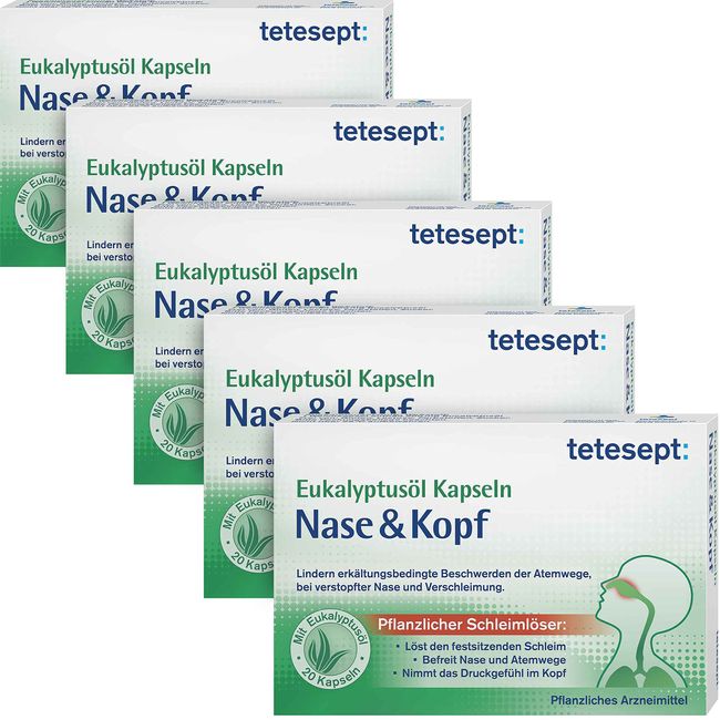 tetesept Eukalyptusöl Kapseln Nase und Kopf - bei erkältungsbedingten Beschwerden der Atemwege - bei verstopfter Nase und Verschleimung - mit dem Wirkstoff Eukalyptusöl - 5er Pack (5 x 20 Stück)